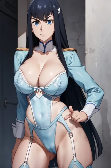 masterpiece, high quality, best quality, 1girl, (muscular female:1.0), (huge breasts:1.0), (closed mouth, half smile), kiryuin satsuki, blue eyes, ((hairclip, lingerie, garter belts, fishnets, leotard)), anime screencap, anime key visual, (fully clothed:1....