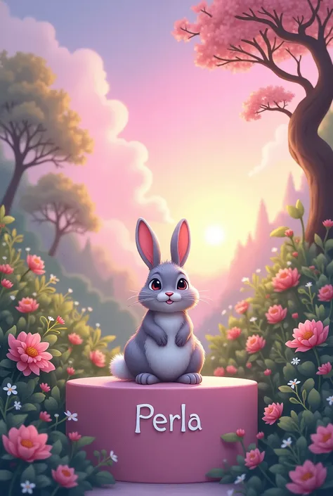 "A colorful illustration of a little rabbit with perky ears, with soft grey fur. The bunny is sitting on a light pink platform that has the name engraved on it.: perla. The background is a green landscape with trees, many flowers and plants, full of lush v...