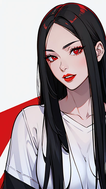 irl, long straight black hair, red eyes, sharp features, white skin, bright red lips, perfect, t-shirt, jacket, winking