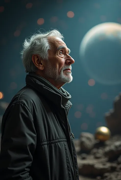 make an elderly man who is very fond of space stuff, make him look straight
