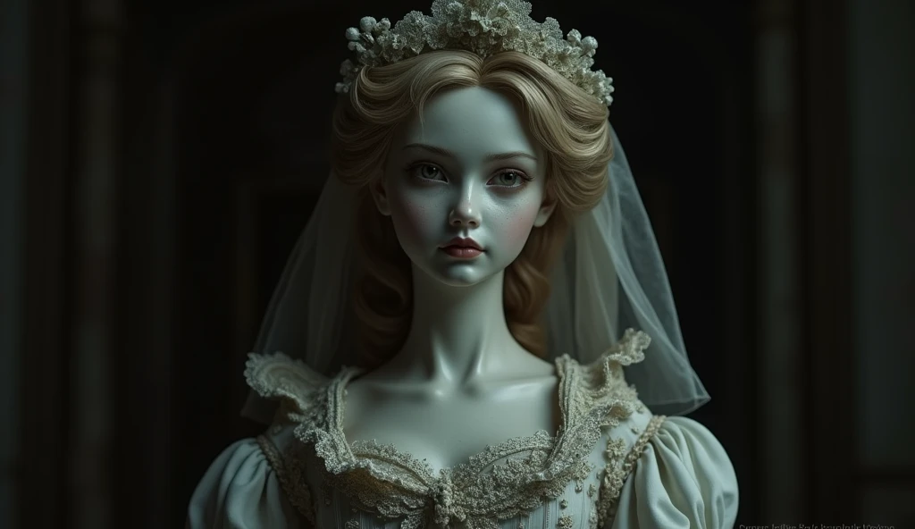 one received an incredibly detailed porcelain doll as a gift, with delicate features and dressed like an ancient noblewoman, scary atmosphere, dim room light