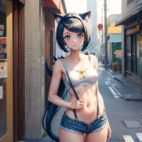 Anime girl with long hair and cat ears in the city,　　Showing off an attractive vagina　Denim shorts with suspenders　　Lower body naked