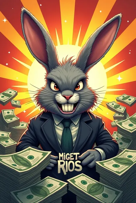 A bad rabbit with lots of dollar bills and a name that says ADMINISTRATOR RIOS lots of rays 