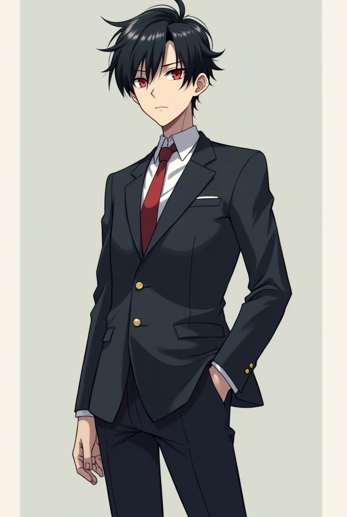 Create a tall anime-style boy with black hair and red eyes in a businessman suit with a serious expression, well groomed