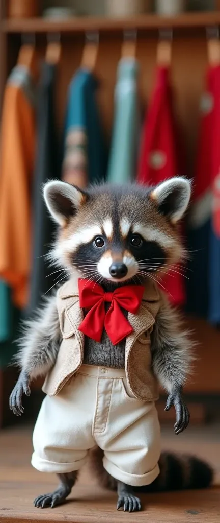 A photo of a cute, extra fluffy baby raccoon wearing a mens Yucatan shirt. The Yucatan shirt is decorated with vertical tucks and has pockets on the chest and skirts. The shirt is made of cotton. The raccoon is sitting on a wooden surface. The background i...