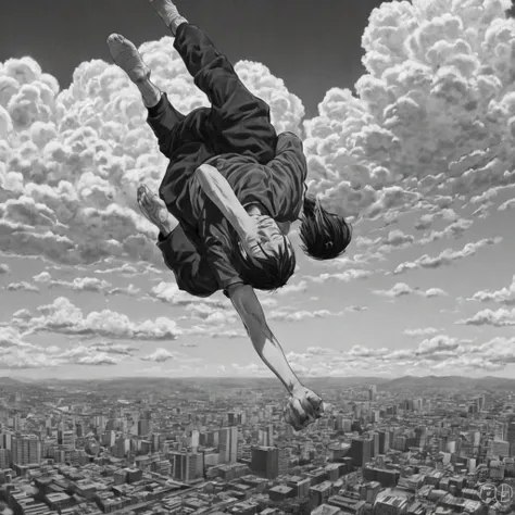 1man, falling in sky, (anime), bizarre scenario, This is Junji, Yusuke Murata, black and white, 8K, anime, horror