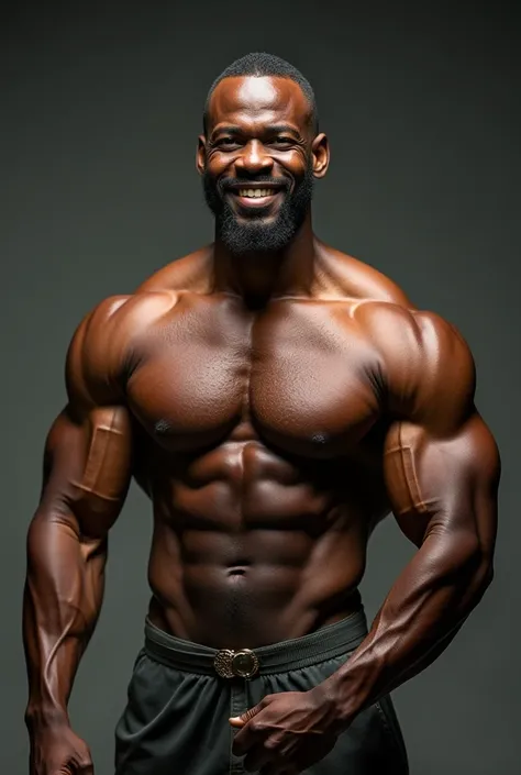 A 40 year old African man, smiling, I buy extremely defined, body hair, trimmed beard and short hair, arms with bulging veins, and without any type of clothing 