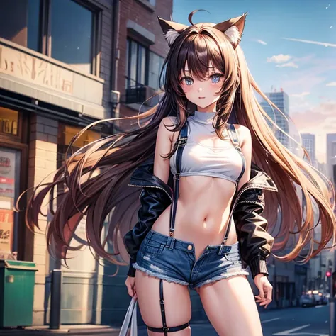 Anime girl with long hair and cat ears in the city,　　Showing off an attractive vagina　Denim shorts with suspenders　　Lower body naked