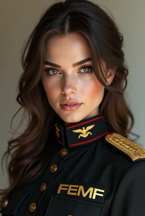 Beautiful brown haired woman with brown eyes being gorgeous wearing London military clothing with the logo that says FEMF, realistic image