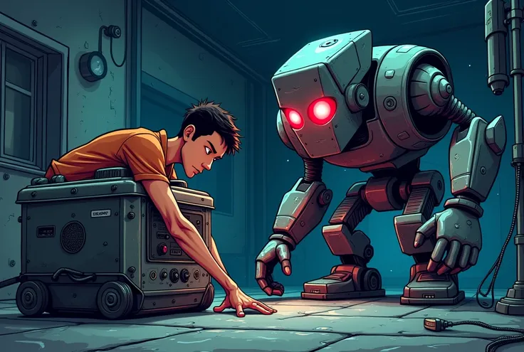 Fixing generator while an evil robot looks at me Cartoon 