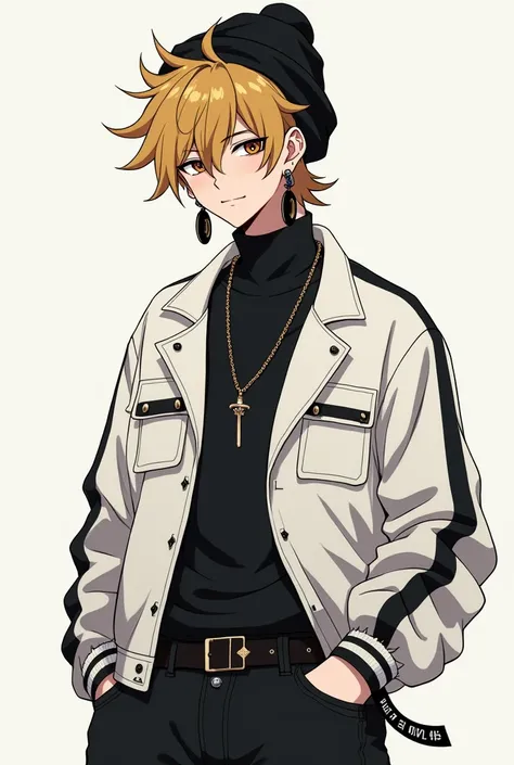 Roblox boy, Anime goku earrings, Black Valkirye, Classic white jacket,  Black baggy grunge jeans, Solid black turtle neck, Blonde & brown Side swept male hair, anime boy hair with Y2K beanie in
