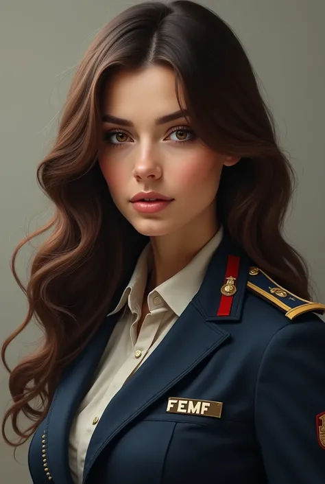 Beautiful brown haired woman with brown eyes being gorgeous wearing London military clothing with the logo that says FEMF, realistic image