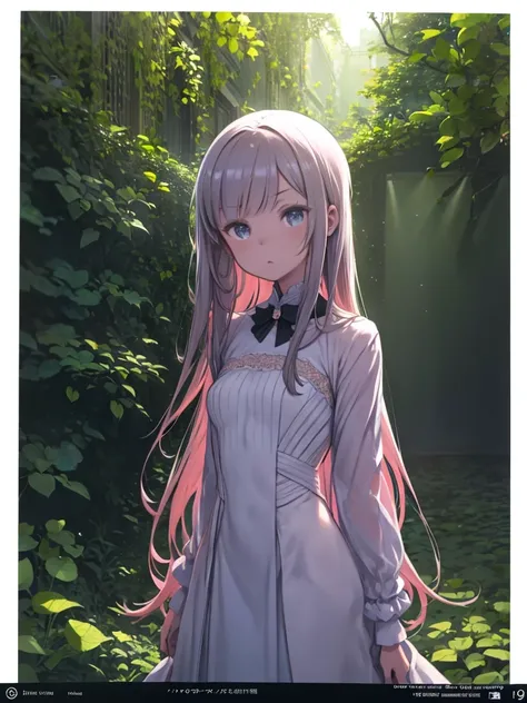 style,Anime girl staring at the viewer, sexy, Fitting Dress, Shine, Long Hair, beautiful, Leaning against a wall near the house, Moss and mushrooms nearby, Small flower bed, Ivy around the house, masterpiece, Clear details, The overall picture is eye-catch...