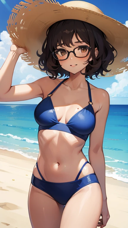 1girl, short curly brown afro hair, brown eyes, round glasses, waving, blue bikini, sunhat