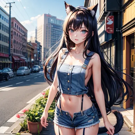 Anime girl with long hair and cat ears in the city,　　An attractive vagina is visible　Denim shorts with suspenders　　Lower body naked　