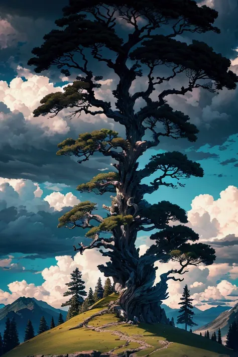 a majestic tree atop a towering mountain in a remote, beautiful landscape, dramatic lighting, cinematic, dramatic clouds, mystical atmosphere, highly detailed, 8k, photorealistic