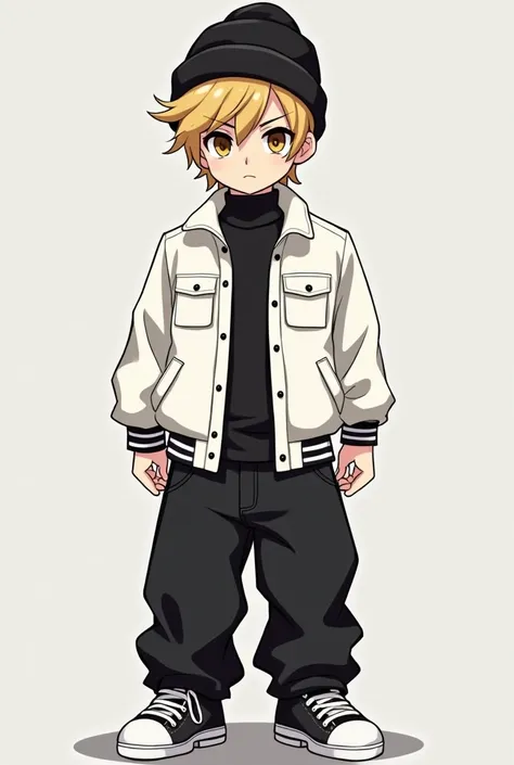 Roblox boy, Black Valkirye, Classic white jacket,  Black baggy grunge jeans, Solid black turtle neck, Blonde & brown Side swept male hair, anime boy hair with Y2K beanie in
