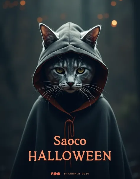 banner for a concert called SAOCO HALLOWEEN where it has that name in Big, Add 3 blank boxes to add other images and have the main image be a hooded gray cat dressed for Halloween 