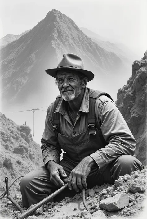 electrician with the background of the Cerro Rico of Potosí - Bolivia in drawing 

