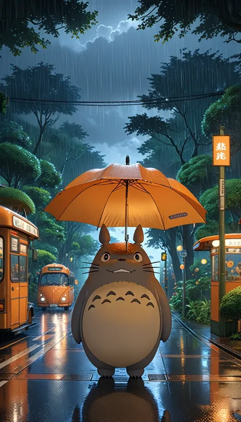 (((live-action adaptation))),live-action adaptation,(((Totoro))),orange color body,stuffed toy,rain,widely mouth open,bus stop,8K Quality,reality, wonderful, Cool beauty, highest quality, Stylish design, ((Totoro)), (((forest1.9))), night,(((highest qualit...