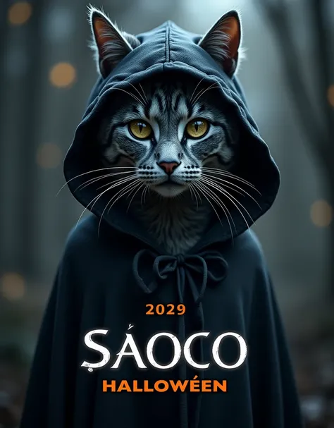 banner for a concert called SAOCO HALLOWEEN where it has that name in Big, Add 3 blank boxes to add other images and have the main image be a hooded gray cat dressed for Halloween 