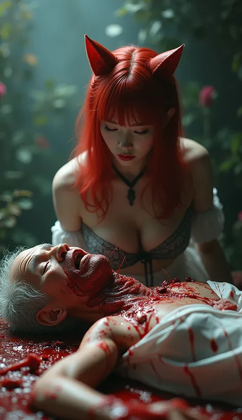 looking at camera, beautiful red head with cat ears pretty white korean girl with long sharp dark blu shiny fingernails torture old man with torture devices to death in the beautiful scene, throat ripped, blood splatter, deep cuts and wound, extreme gore, ...