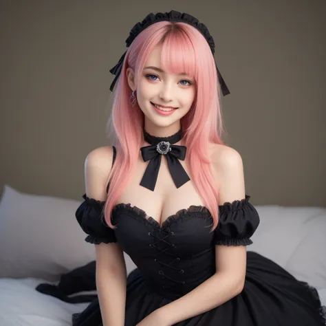 a beautiful, detailed girl with striking pink hair wearing a black gothic dress, sitting seductively with a coy smile, her hair ...