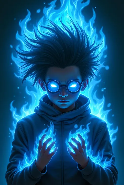 The image depicts a mysterious and intense 2 boy with striking, glowing blue eyes, radiating a powerful energy. His hair is a wild, flowing mass of bright blue flames, forming a fiery halo above his head. He’s wearing dark, futuristic clothing, almost appe...