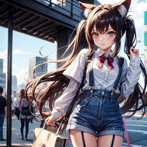 Anime girl with long hair and cat ears in the city,　　I see an attractive vagina　Denim shorts with suspenders　　Lower body naked　Chuck open