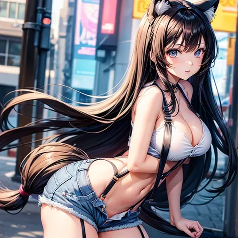 Anime girl with long hair and cat ears in the city,　　I see an attractive vagina　Denim shorts with suspenders　　Lower body naked　Chuck open