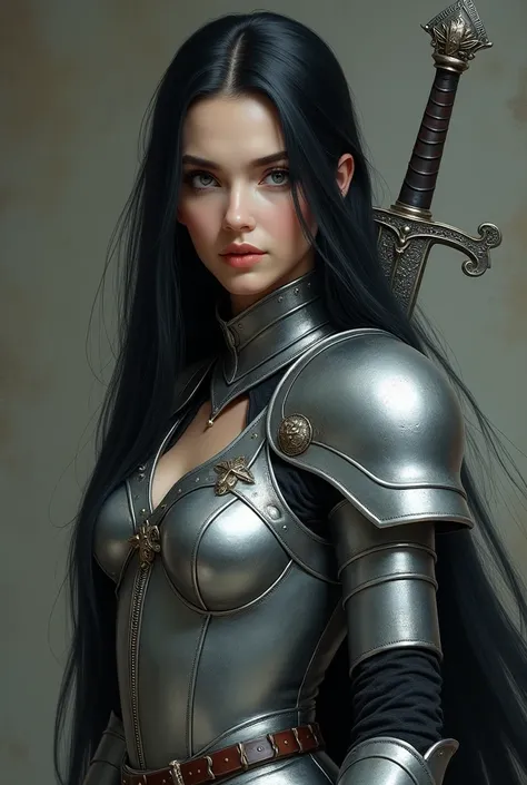 beautiful white skinned woman, with straight black hair long to the waist, with stormy grey eyes. She has a slim and stylized but well-defined figure.. She wears a feminine silver-colored armor and a steel sword with a pommel decorated with a moon and star...