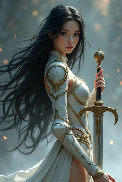 beautiful white skinned woman, with straight black hair long to the waist, with stormy grey eyes. She has a slim and stylized but well-defined figure.. She wears a shiny silver feminine armor and a steel sword with a golden pommel decorated with a moon and...