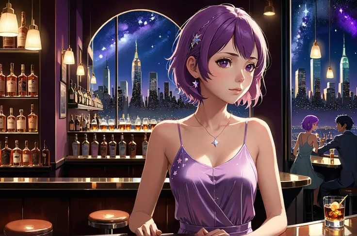 Uses Makoto Shinkai&#39;s depiction perfectly,Portrait of Alica Schmidt,8k 4k masterpiece photo ,new york,A jazz bar with a glass ceiling,The twinkling stars can be seen through the glass windows.,It&#39;s a dark night outside,Jazz is playing,The face is b...