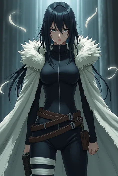 naruto anime/manga panel. tall girl, pale skin, medium complexion. sharp black eyes with a serious and empty expression. long straight black hair, with messy bangs. outfit: black long sleeve t-shirt with siper. black ninja pants with bandages. belts on the