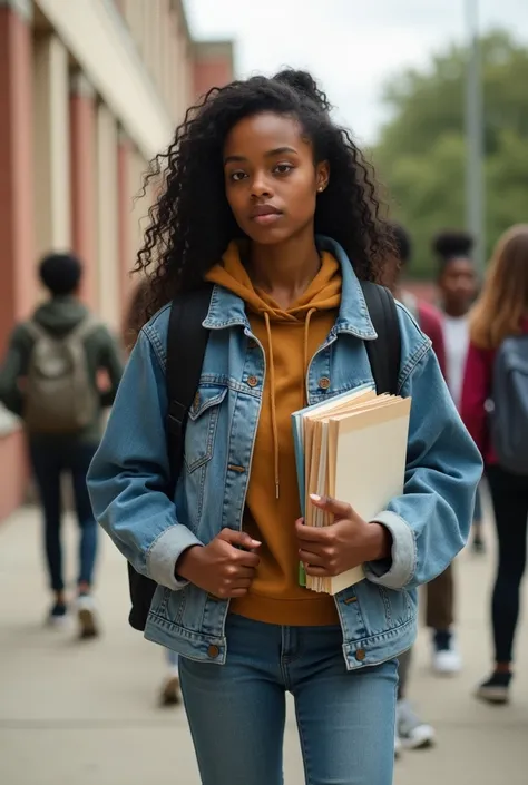 Female teenager high school student, black. at school carrying books and backpacks