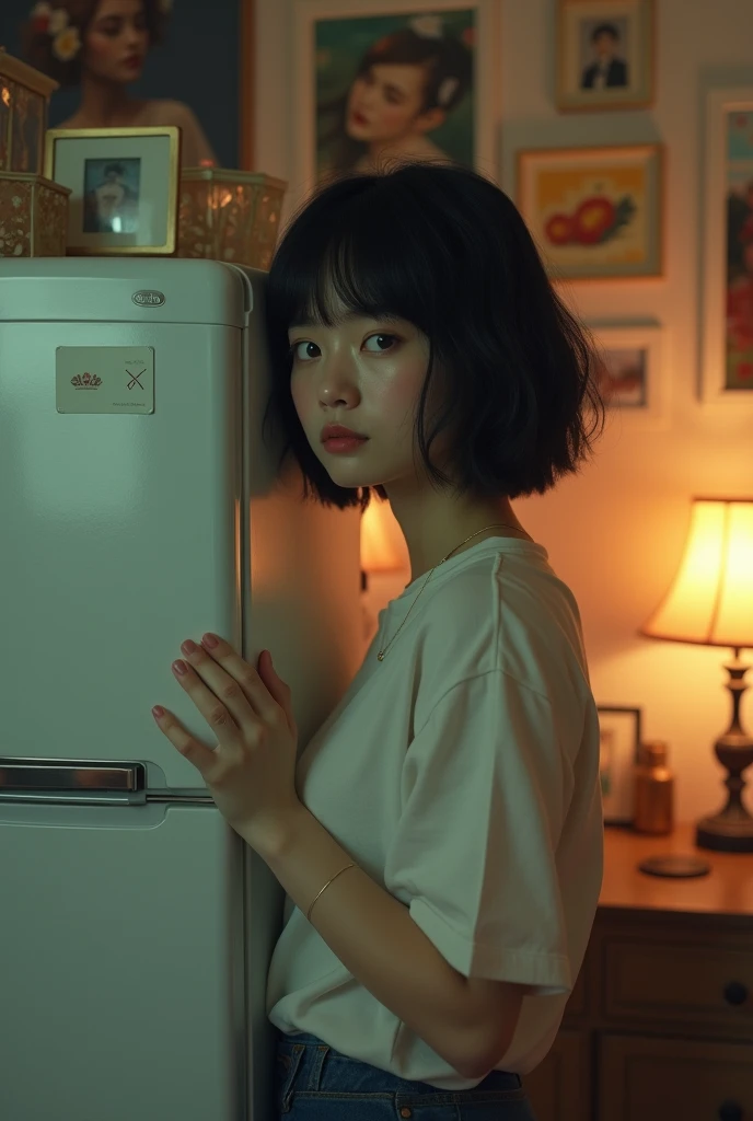 arafed woman leaning against a refrigerator in a room with pictures on the wall, lofi girl, lofi girl aesthetic, with short hair with bangs, with short hair, white hime cut hairstyle, she has black hair with bangs, ( ilya kuvshinov ), lofi portrait, ulzzan...