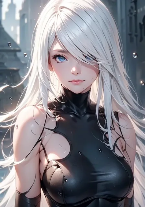 score_9, score_8_up, score_7_up, 1girl, solo, breasts, long hair, dress,bare shoulders, medium breasts, closed mouth, bunny ears, upper body, white hair, sleeveless, mole, blurry, black dress, lips, wet, depth of field, blurry background, turtleneck, phone...