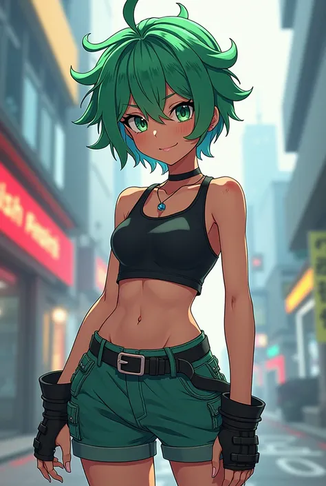 Tomboy girl with short green hair anime art style