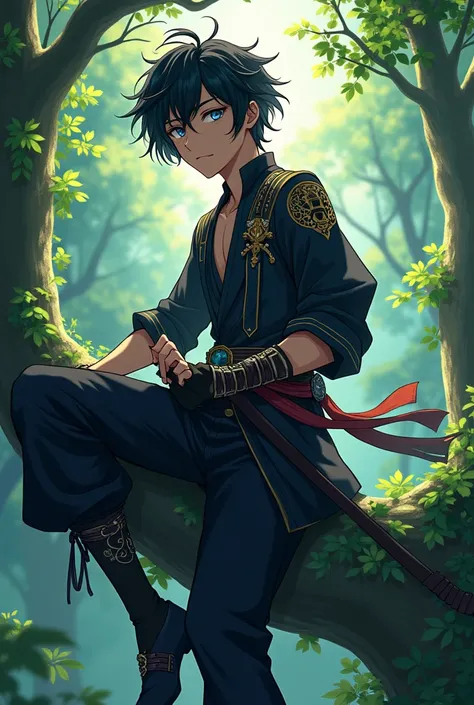 anime styling. fancy. male. medium black hair. Messy hair. silver eyes. bonitas. brunette skin. wears a ninja outfit with some armor pieces. he is around . place it in a forest setting on top of some trees. 