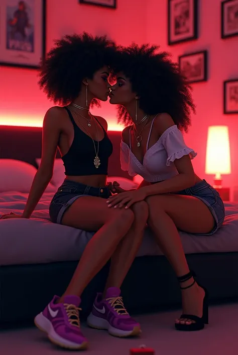  of two black female characters, one with short, curly hair wearing a black sports top and black denim shorts with a silver cord with a diamond fire pendant and purple Nike sneakers. The other has long, curly hair and is wearing a short blouse and short de...