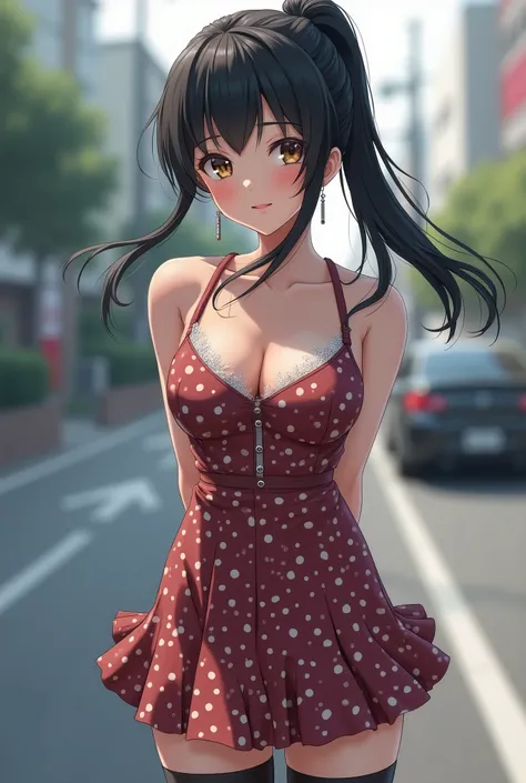 Pretty Japanese schoolgirl, breasts, looking at viewer, bangs, large breasts, black hair, thighhighs, dress, cleavage, brown eyes, ponytail, outdoors, solo focus, blurry, lips, blurry background, arms behind back, short dress, polka dot, ground vehicle, mo...