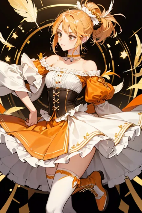 Liar has a lightly tanned complexion with gentle gold eyes. Her dirty blonde hair is worn in a long ponytail with a portion braided into a bun on the side of her head. She has an orange streak through it and her bangs are mostly pulled back with the except...