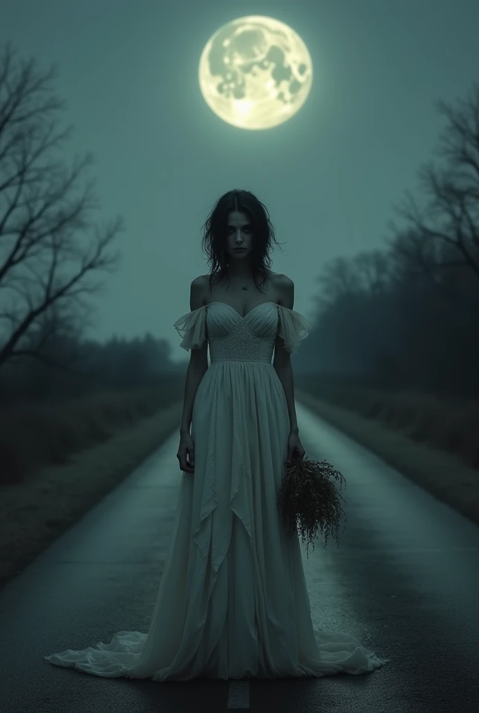 a gloomy woman dressed as a bride on a road at midnight