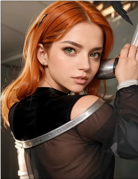 (best quality, masterpiece:1.2) 1girl woman in her 30 years, long orange hair, looking back, makeup, hawkgirl as isabela merced,...