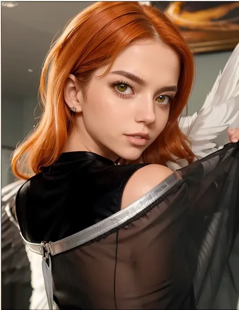 (best quality, masterpiece:1.2) 1girl woman in her 30 years, long orange hair, looking back, makeup, hawkgirl as isabela merced, green eyes, realistic, wearing black crop top, metal bedroom background, grey bird wings on her back, cum on face, holding peni...