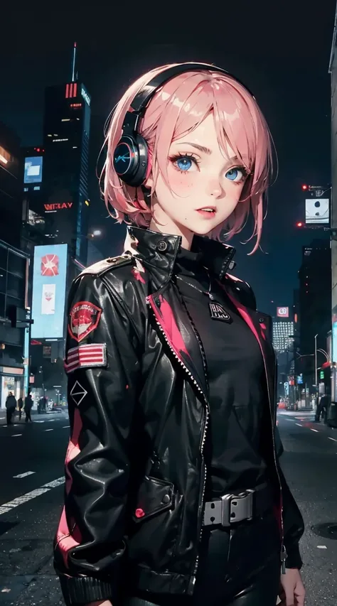 1 girl,pink hair,short hair,blue eyes ,small eyes,splattered nose,small lips,face perfect,futuristic clothing,futuristic style,cyberpunk style,black jacket,Short negro,black wireless headphones, Age 19, height 170 centimeters ,fondo de la imagen al cyberpu...