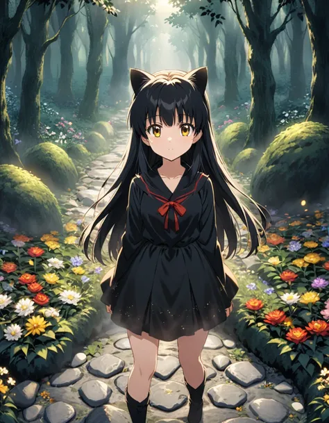 An anime girl who has cat ears, very long, straight black hair with bangs similar to Inuyasha, and golden eyes. Dressed in a black dress, you can see in the background a large path of stones and flowers between them, as well as a night forest in the fog,