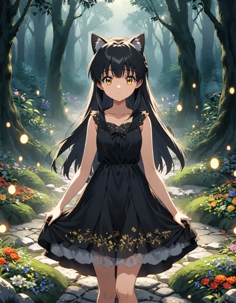 An anime girl who has cat ears, very long, straight black hair with bangs similar to Inuyasha, and golden eyes. Dressed in a black dress, you can see in the background a large path of stones and flowers between them, as well as a night forest in the fog,