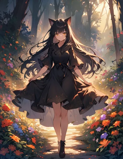 An anime girl who has cat ears, very long, straight black hair with bangs similar to Inuyasha, and golden eyes. Dressed in a black dress, you can see in the background a large path of stones and flowers between them, as well as a night forest in the fog,