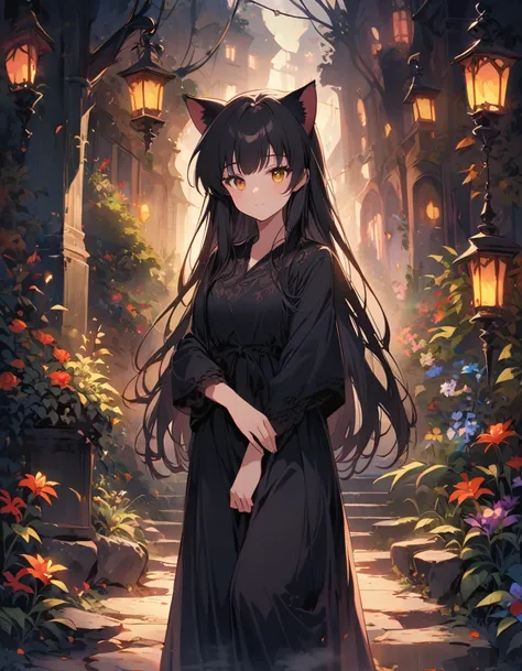 An anime girl who has cat ears, very long, straight black hair with bangs similar to Inuyasha, and golden eyes. Dressed in a black dress, you can see in the background a large path of stones and flowers between them, as well as a night forest in the fog,